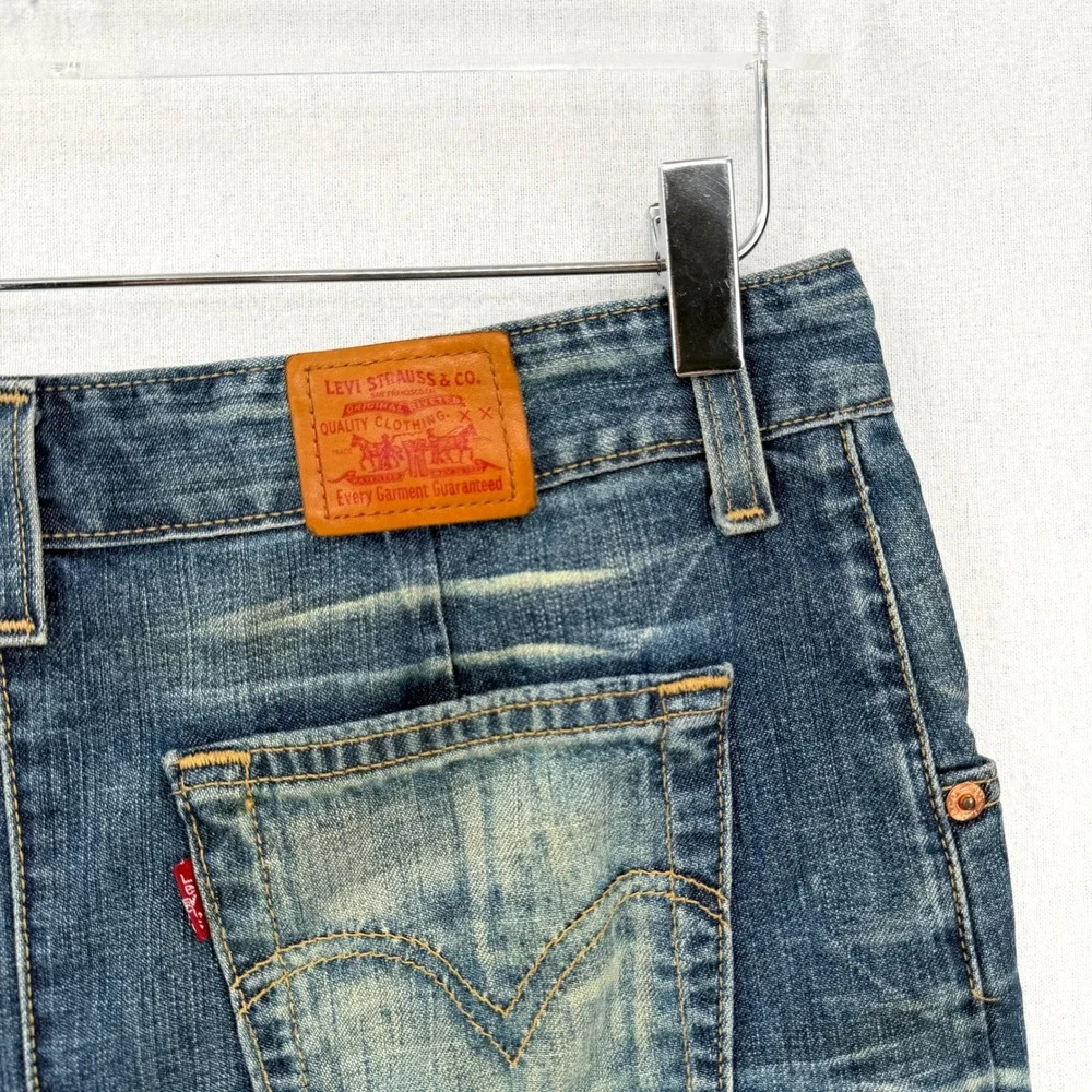 LEVIS Vintage Y2K Denim Skirt Women 28 Blue Pleated Midi Distressed USA Made - Picture 8 of 14